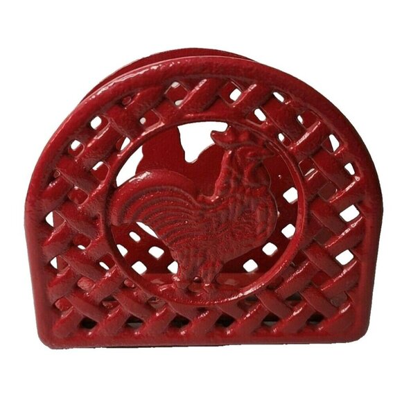Vintage Red Cast Iron Rooster Napkin Holder Rustic Heavy Duty Farmhouse Decor - Picture 1 of 7